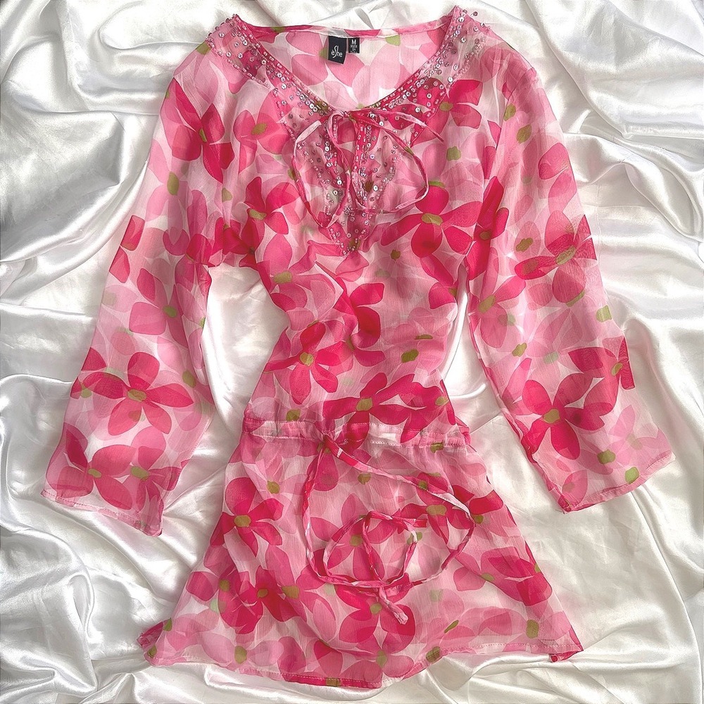 Eshe Pink Floral Sequin Embellished Sheer Tunic Top Medium Boho Blouse
